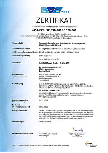 Zertifizierter Stahlbaubetrieb nach EN 1090 Zertifikat EN 1090